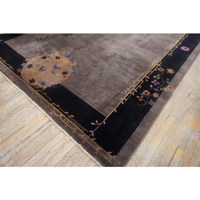 Gray 1920s Gray Floral Modernist Antique Chinese Art Deco Carpet 8'10" X 11'6" Handknotted Wool Rug For Sale - Image 8 of 10