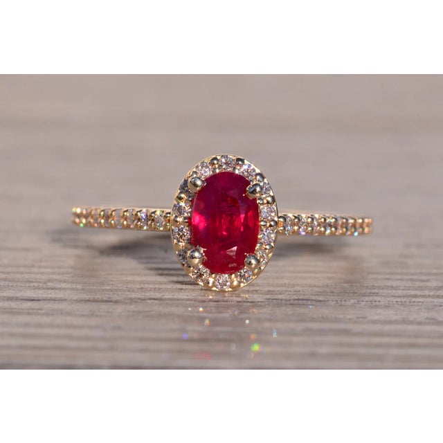 Contemporary The Fairblue: Ladies Contemporary Yellow Gold Ruby Engagement Ring with Diamond Halo For Sale - Image 3 of 10