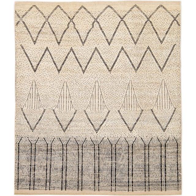 Modern Moroccan Style Handmade Geometric Pattern Beige and Gray Boho Wool Rug For Sale - Image 9 of 9