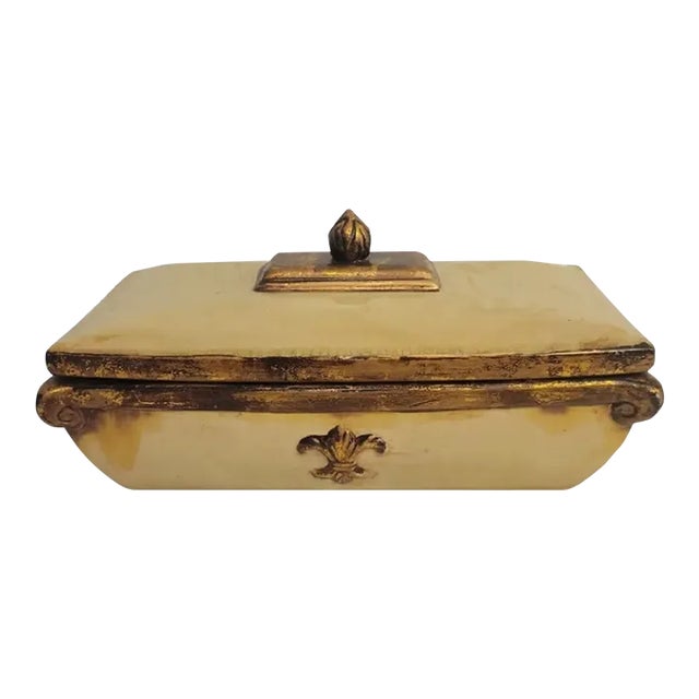 Vintage Ceramic Pale Yellow, Green Gold Fleur De Lis Decorative Storage Box For Sale