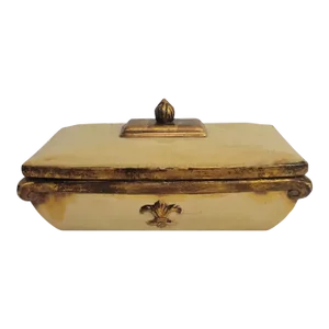 Vintage Ceramic Pale Yellow, Green Gold Fleur De Lis Decorative Storage Box