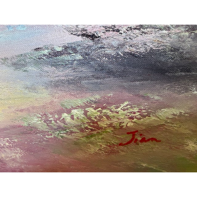 Seascape Oil Painting Signed Jian Ocean Waves Sunset, Impressionist Coastal Art For Sale - Image 4 of 9