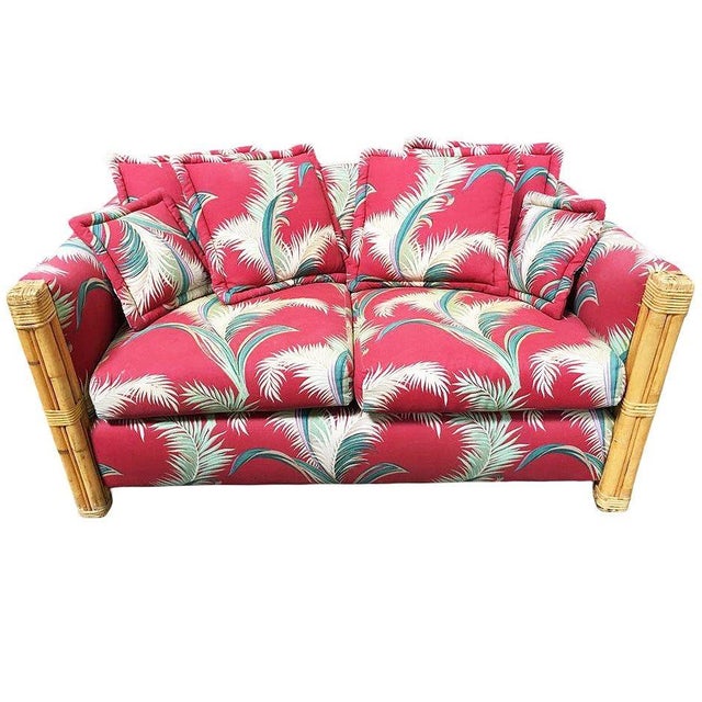 Mid-Century Modern Restored "Big King" Plush Over Stuffed Rattan Settee Sofa W/ 4 Strand Arms, Pair For Sale - Image 3 of 8