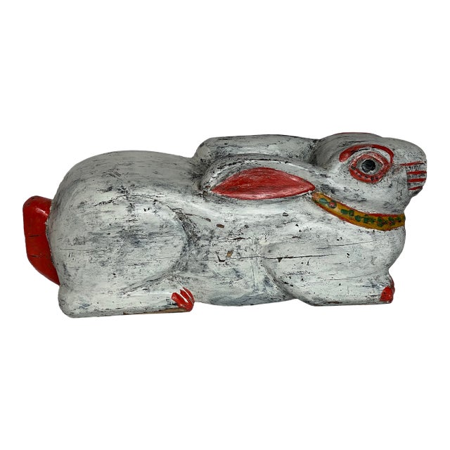 Vintage Balinese Carved Wood Rabbit Sculpture – Hand Painted Folk Art Bunny, Bali Indonesia 22” For Sale