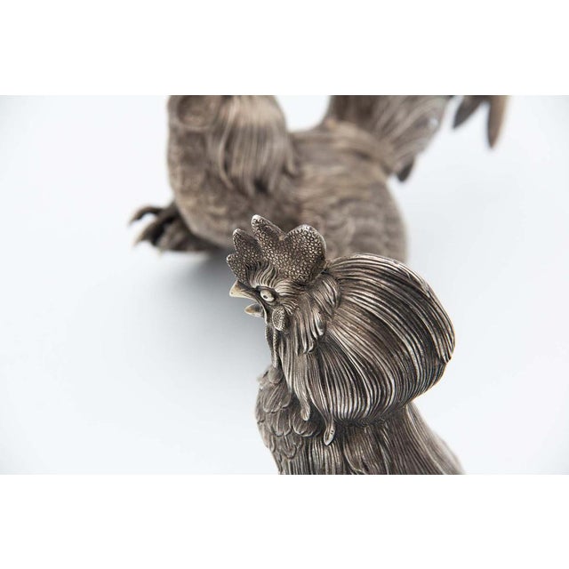 Embossed Silver Fighting Cocks, Set of 2 For Sale - Image 4 of 6
