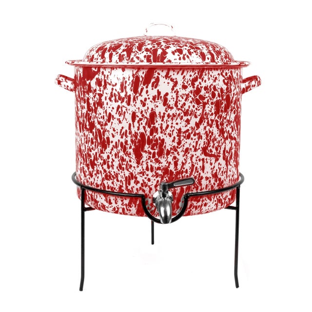 Crow Canyon Home Splatterware, Beverage Dispenser with Stand in Red & White For Sale - Image 4 of 4