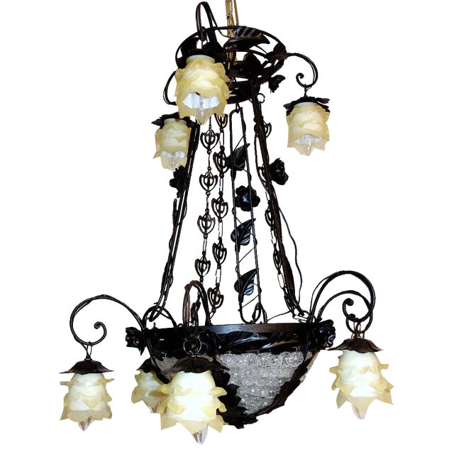 Antique French Black Patinated Metal and Glass Chandelier, 1940s For Sale