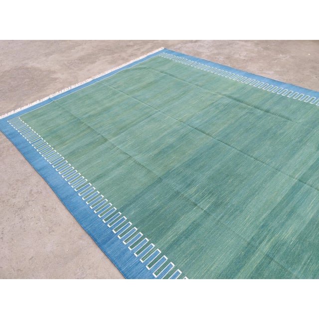 Handmade Green and Blue Geometric Cotton Rug For Sale - Image 6 of 11