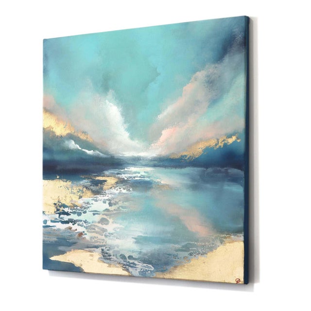 Contemporary Gentle Shores - Original Abstract Seascape Painting on Canvas With Gold Leaf by Charlotte Elizabeth For Sale - Image 3 of 10