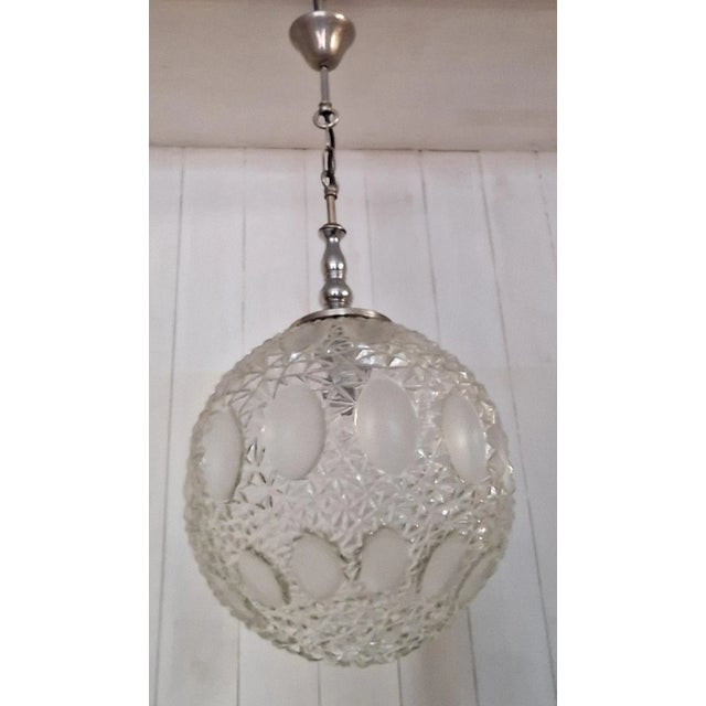 Vintage Metal Ceiling Lamp with Round Clear Glass Relief Shade, 1970s For Sale - Image 6 of 7