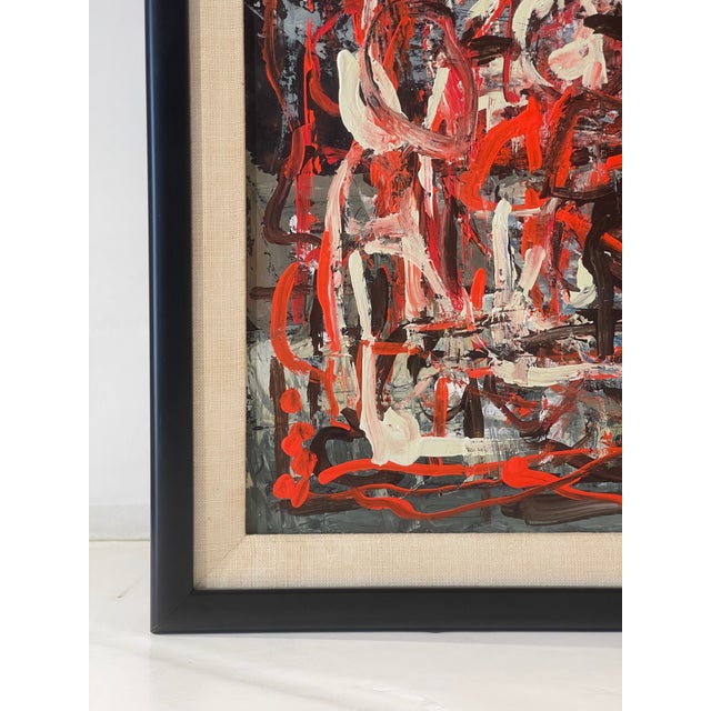 Signed Kalm, this mid century impasto abstract in the style of Jackson Pollock shows depth and bright color. Set in the...