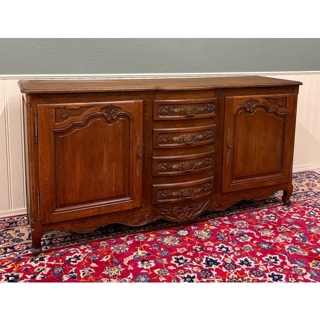 Wood Antique French Louis XV Bow Front Buffet Sideboard Server Carved Oak C. 1930s For Sale - Image 7 of 18