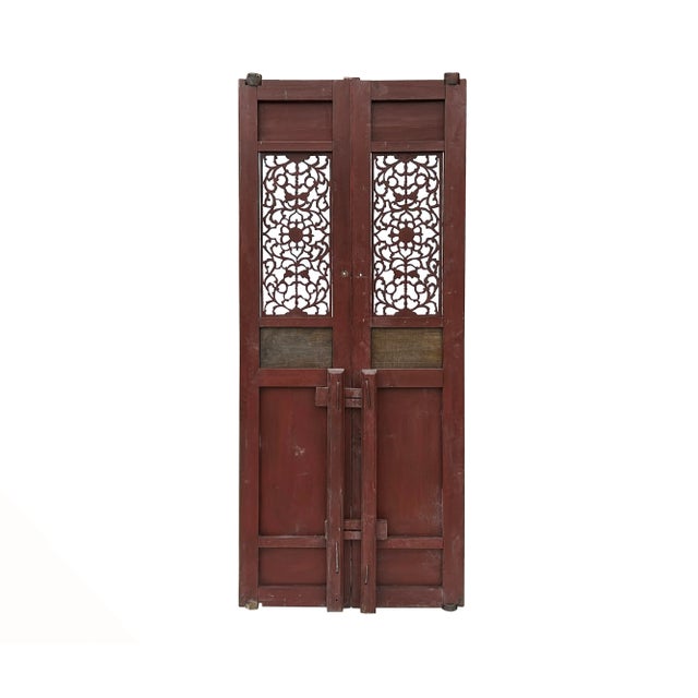 1950s Pair Vintage Red Green Yellow Fujian Relief Carving Door Panels For Sale - Image 5 of 11