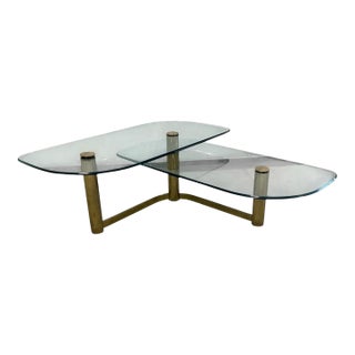 Vintage Postmodern 1970's Brass and Glass 2-Tier "L" Shaped Coffee Table For Sale
