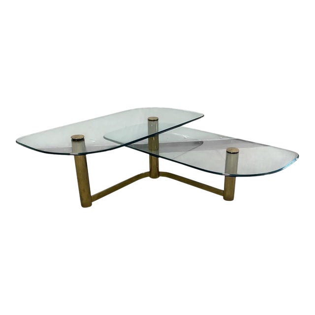 Vintage Postmodern 1970's Brass and Glass 2-Tier "L" Shaped Coffee Table For Sale