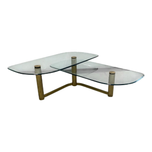 Vintage Postmodern 1970's Brass and Glass 2-Tier "L" Shaped Coffee Table