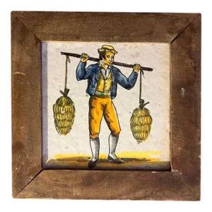 Framed Antique 18th Century French Polychrome Tin Glaze Faience Delft Tile Fruit Seller