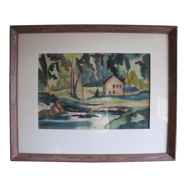 1962 Framed Abstract Signed Landscape Watercolor Signed For Sale