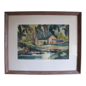 1962 Mid-Century Regionalist Watercolor Landscape Painting – Signed Katt