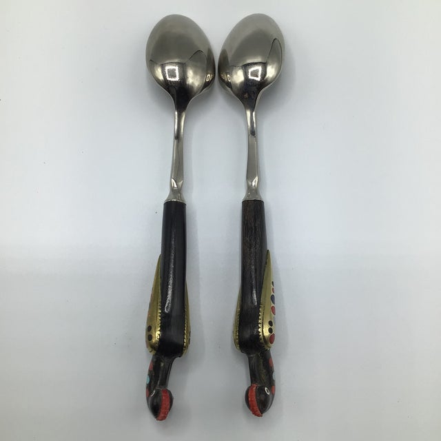 Vintage Alfred Haddad Jezzine Lebanese Phoenix Bird Carved With Inlay Flatware Set of 10