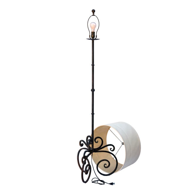 1990s 1990s Wrought Iron Spanish Revival Style Floor Lamp/ Custom Linen Drum Shade For Sale - Image 5 of 10