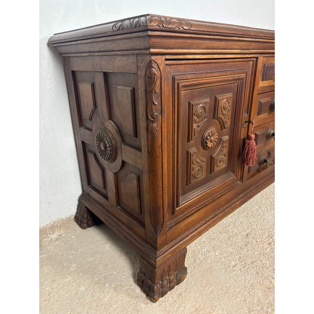 Vintage Spanish Renaissance Style Low Sideboard in Oak with Carved Panel, 1920 For Sale - Image 9 of 13