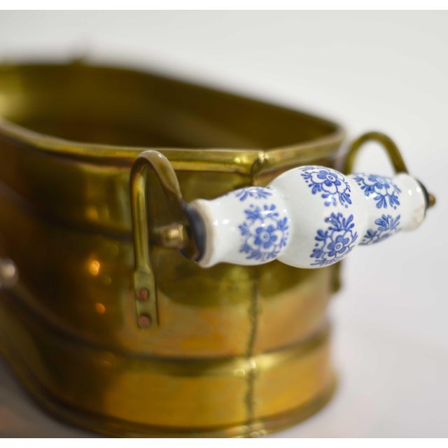 Metal Vintage Brass Herb Planters With Blue & White Ceramic Handles - A Pair For Sale - Image 7 of 12