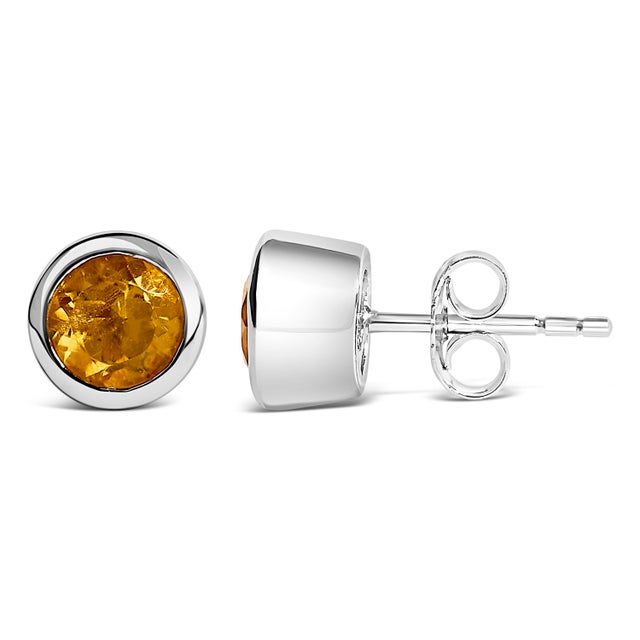 Contemporary .925 Sterling Silver 6MM Bezel Set Created Yellow Citrine Solitaire Stud Earrings For Sale - Image 3 of 5
