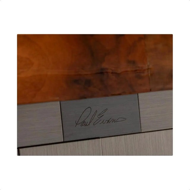 Wood Paul Evans 'Cityscape' Patchwork Burl and Chrome Executive Desk, 1970s, Signed For Sale - Image 7 of 7