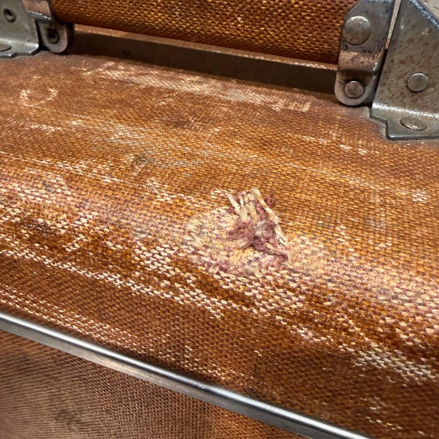 Weathered Brown Vintage Suitcase With Metallic Latches Industrial For Sale - Image 11 of 16