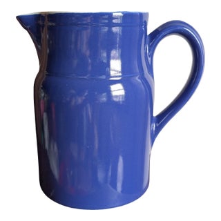 Vintage Digoin Grespots #4 Blue Stoneware Farmhouse Pitcher 8.5 Tall Vintage ~ Made in France For Sale
