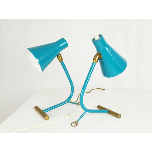 Mid-Century Modern Italian Teal Green and Brass Table Lamps from Stilnovo, 1950, Set of 2 For Sale - Image 9 of 18