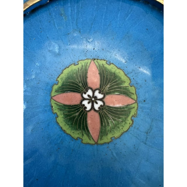 Antique Japanese Meiji Period Cloisonne Charger With Shishi Lion Dogs and Turtle With Hairy Tails For Sale - Image 11 of 12