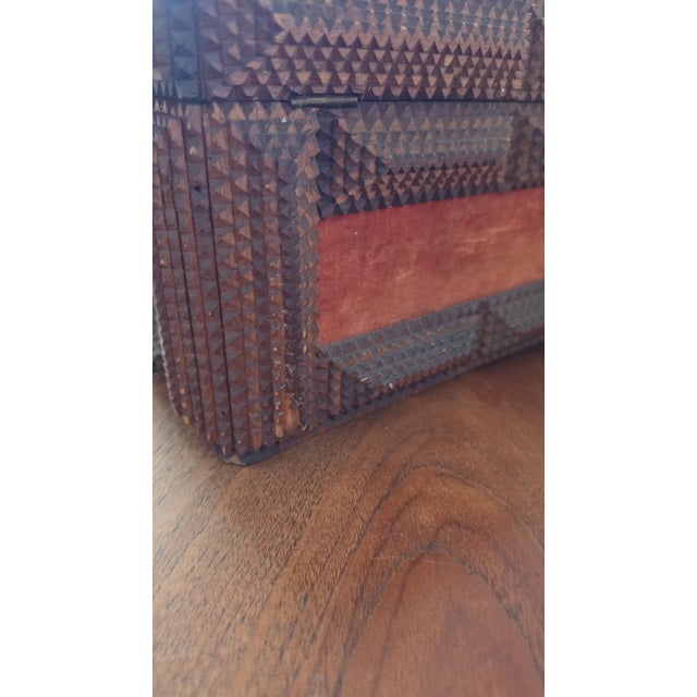 Antique Tramp Art Wooden Box, Hand Carved Folk Art Chest, Chip Carved Jewelry Box, Rustic Primitive Storage, Collectible Decor For Sale - Image 15 of 17