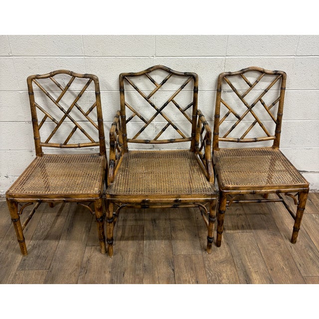 Chinese Vintage Chinese Chippendale Rattan Faux Bamboo Cane Seat Chairs For Sale - Image 3 of 12
