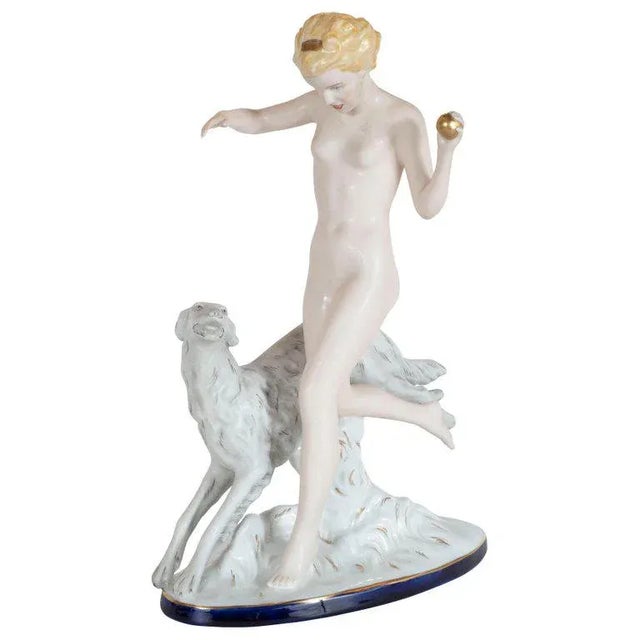 Czech Art Deco Hand Painted Porcelain Figurine of Nude Lady With Greyhound For Sale - Image 10 of 10