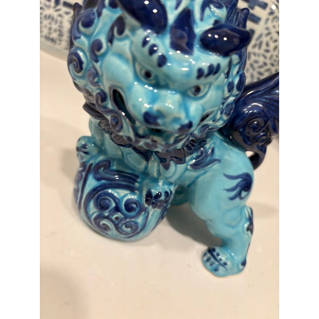 Turquoise Vintage Turquoise Blue Ceramic Foo Dog Guardian Lion Figurine For Sale - Image 8 of 8