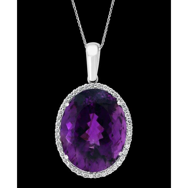 68 Carat Amethyst & 2.2 ct Diamond Pendant Necklace 14 Karat White Gold + Chain For Sale - Image 18 of 18