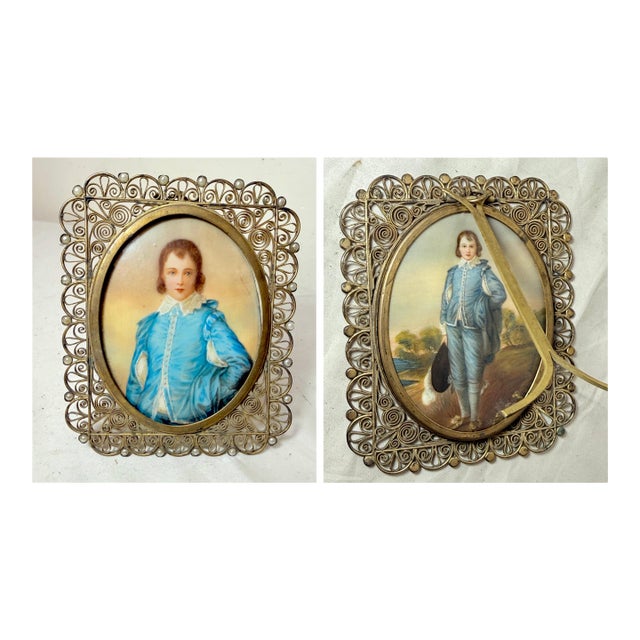 2 Sided Antique 1800's Miniature Mini Original Painting Portrait the Blue Boy For Sale