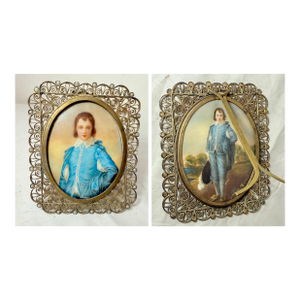 2 Sided Antique 1800's Miniature Mini Original Painting Portrait the Blue Boy