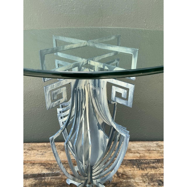 Charcoal Vintage Greek Key Motif Metal and Glass Drinks Table For Sale - Image 8 of 12