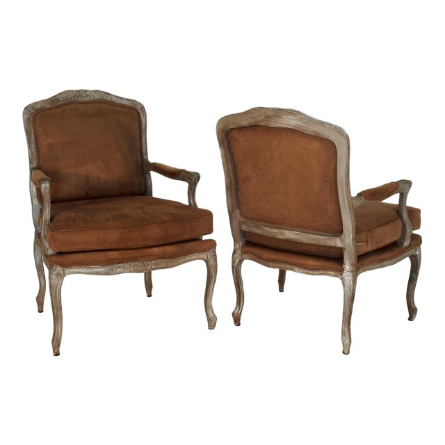 Ralph Lauren Silver Fauteuils Chairs With Brown Suede - a Pair For Sale