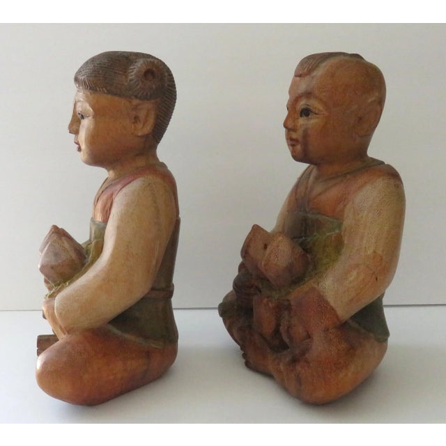 Hand Carved Wooden Statues Boy Girl Asian Influenced Vintage Figures Excellent vintage condition. No damage. They are...