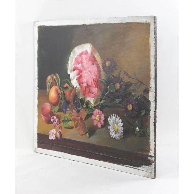 This exquisite vintage oil painting is rendered on a sturdy wood panel, showcasing a rich and vibrant still life...