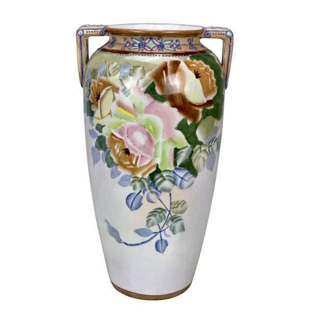 Vintage Japanese Porcelain Art Deco Floral Motif Moriage Handle Urn Vase For Sale - Image 10 of 10