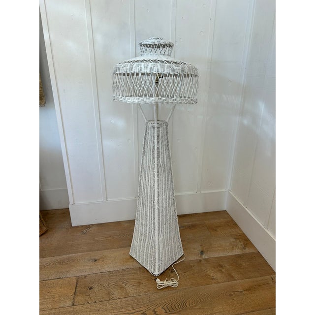 Vintage White Wicker Floor Lamp With Tiered Dome Shade For Sale - Image 9 of 14