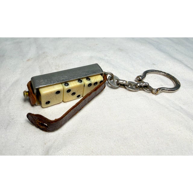 1930s Antique Leather Metal 3 Celluloid Dice Box Holder Travel Carrier Keychain For Sale - Image 5 of 9