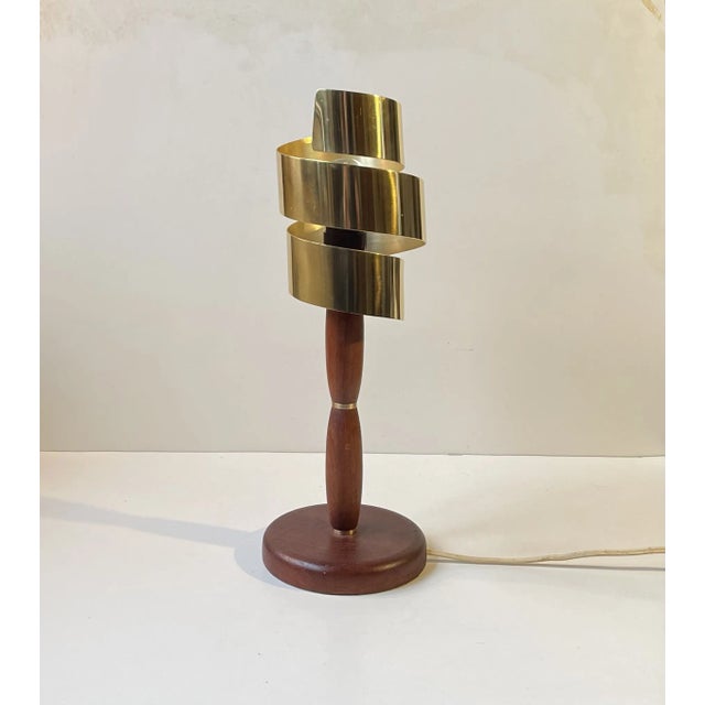 Wood Vintage Scandinavian Teak and Brass Table Lamp with Spiral Shade For Sale - Image 7 of 8
