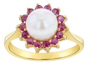 Freshwater Pearl & Ruby Halo Ring 14k Yellow Gold, Size 5.75