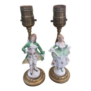 Pair of Vintage Porcelain Figurine Lamps – Rococo Style – Lady & Gentleman – 12” For Sale
